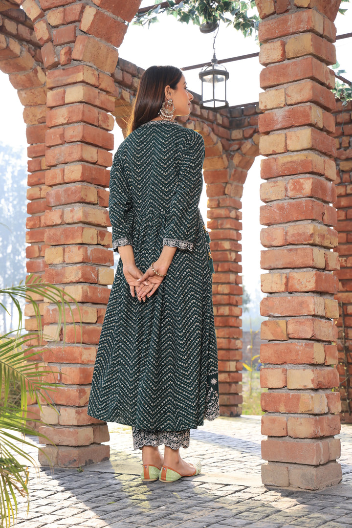 Bottle Green Embroidered Cotton Anarkali Suit