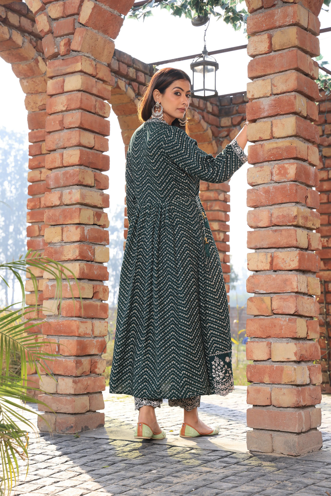 Bottle Green Embroidered Cotton Anarkali Suit