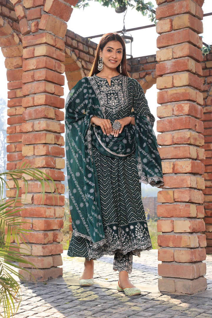 Bottle Green Embroidered Cotton Anarkali Suit