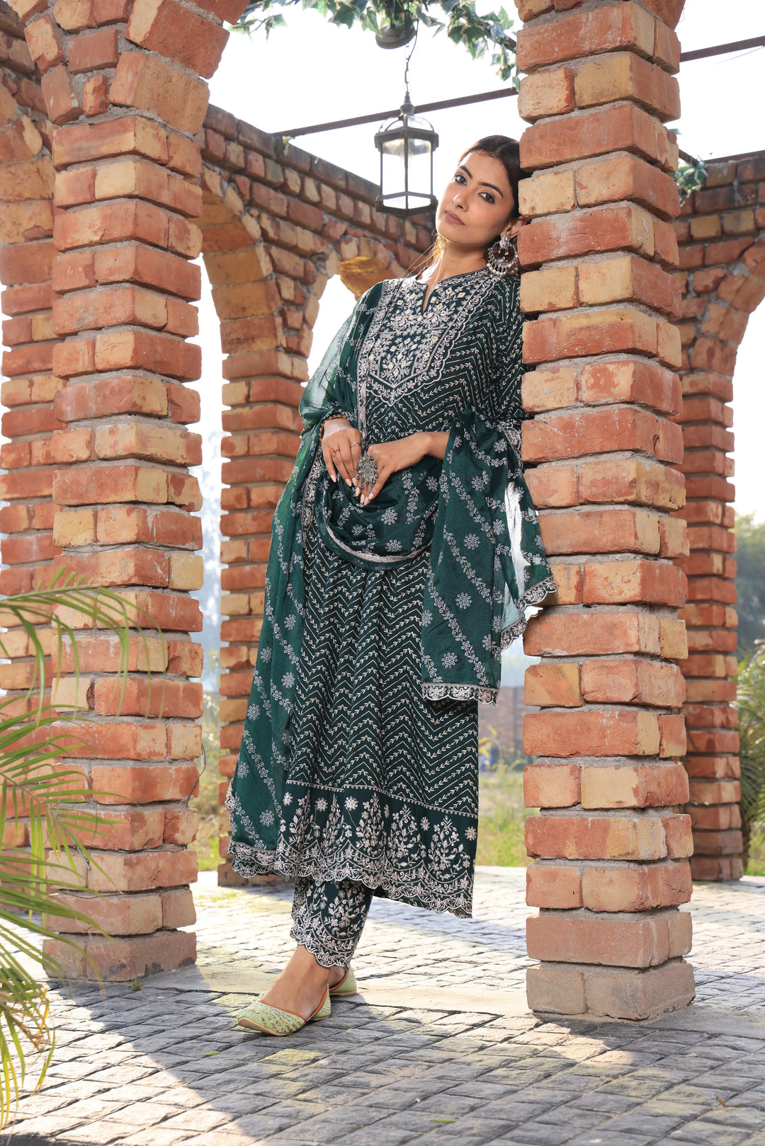 Bottle Green Embroidered Cotton Anarkali Suit