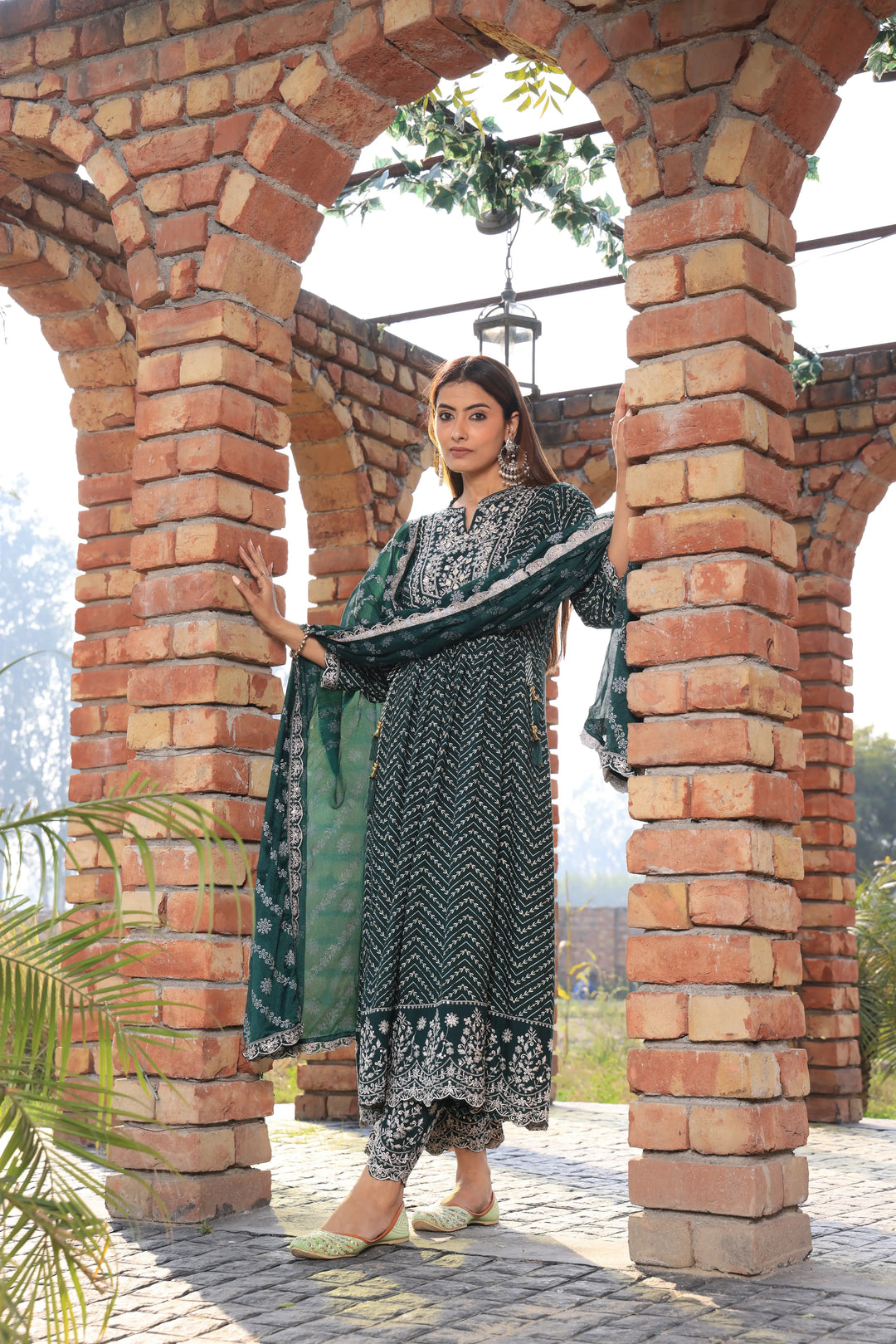 Bottle Green Embroidered Cotton Anarkali Suit