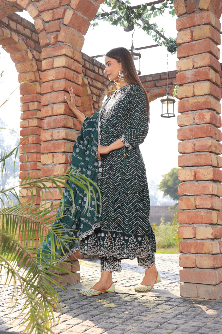 Bottle Green Embroidered Cotton Anarkali Suit