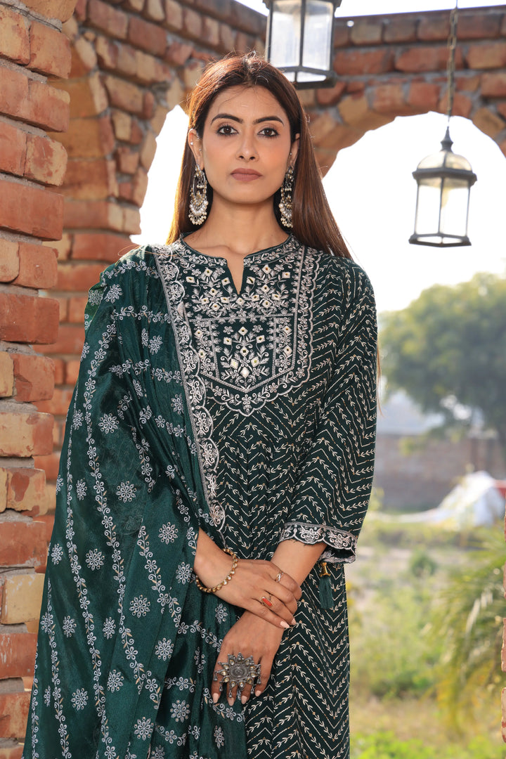 Bottle Green Embroidered Cotton Anarkali Suit