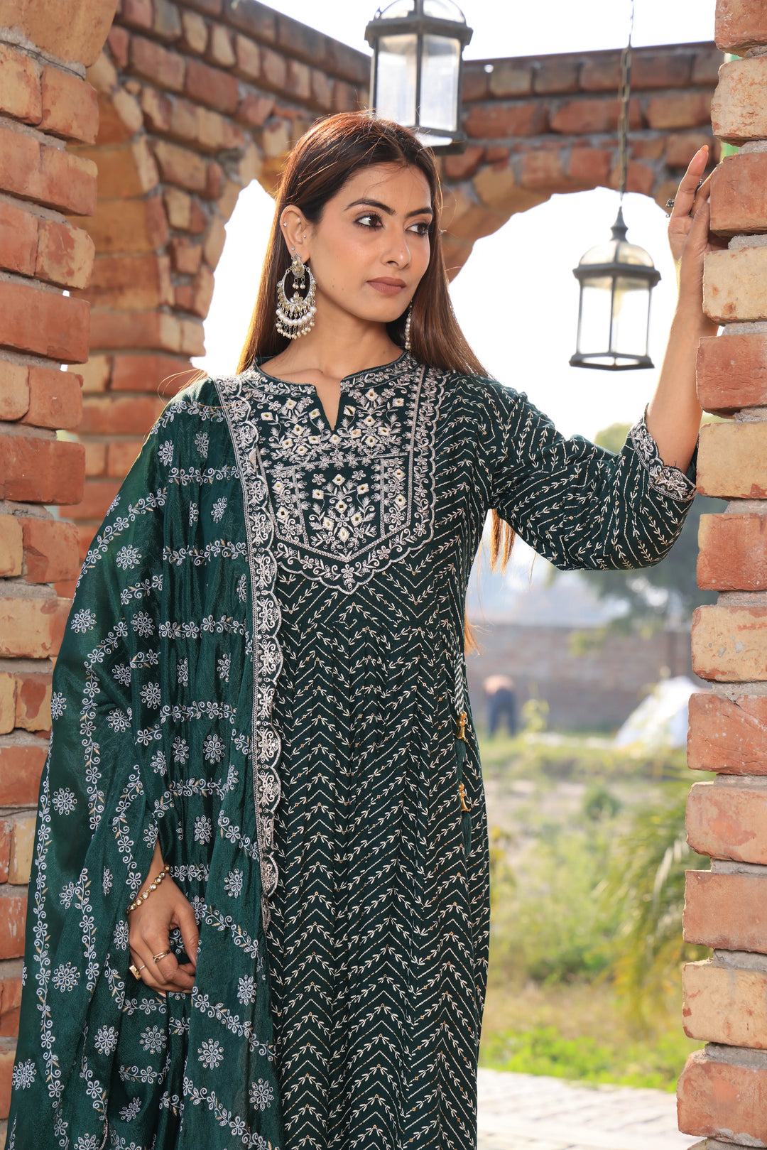 Bottle Green Embroidered Cotton Anarkali Suit