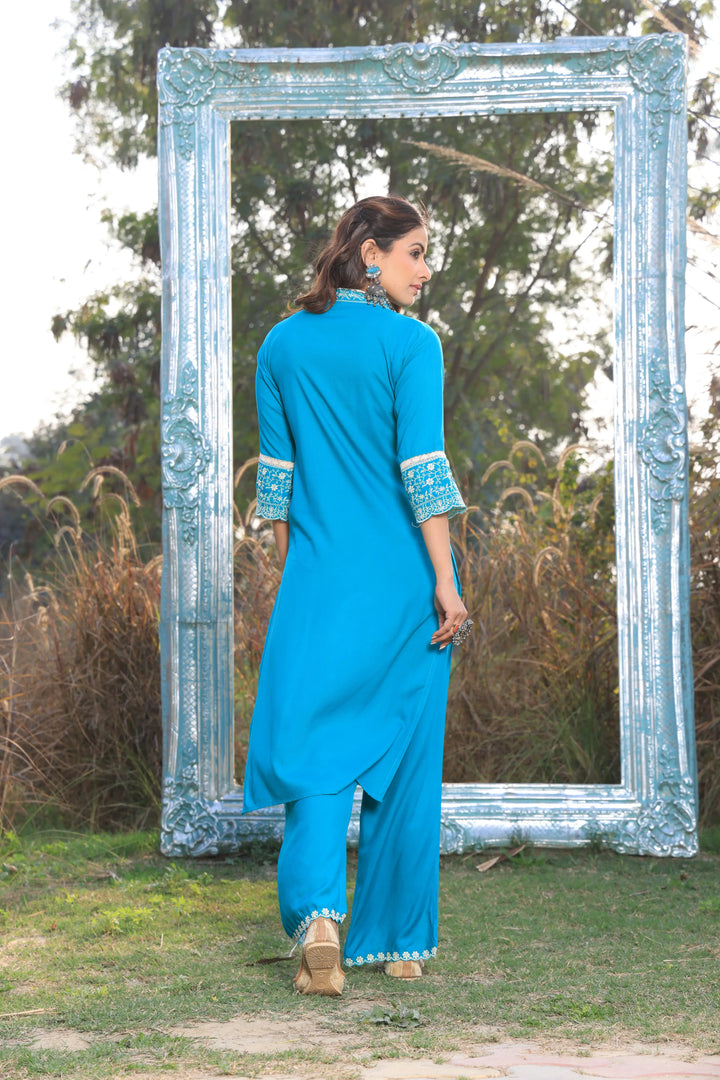 Sea Blue Pakistani Straight Embroidered suit with Trousers and Dupatta Set for Women