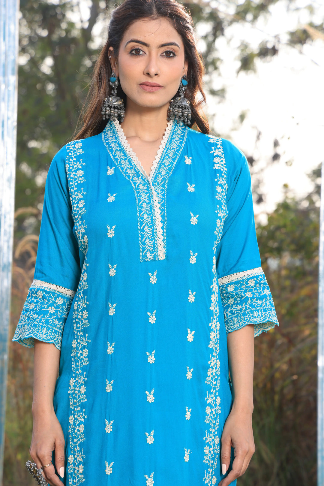 Sea Blue Pakistani Straight Embroidered suit with Trousers and Dupatta Set for Women