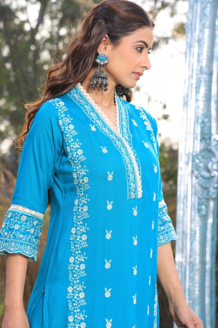 Sea Blue Pakistani Straight Embroidered suit with Trousers and Dupatta Set for Women