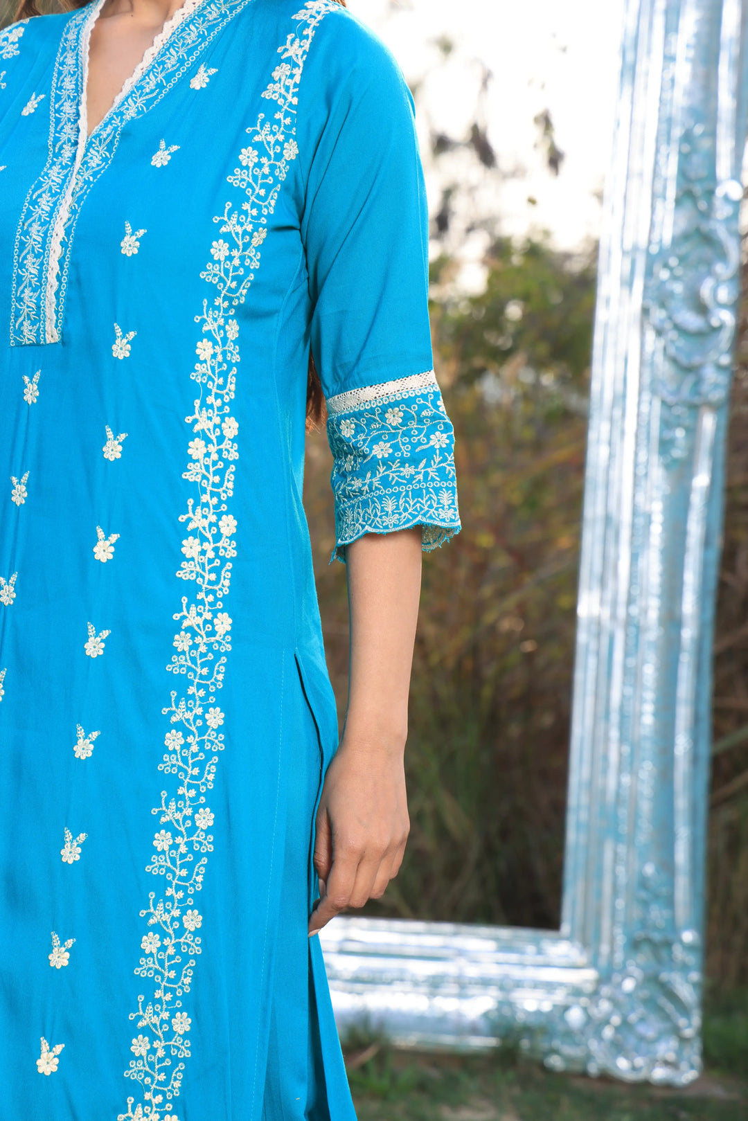 Sea Blue Pakistani Straight Embroidered suit with Trousers and Dupatta Set for Women