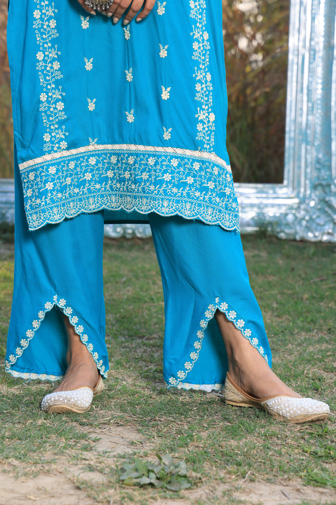 Sea Blue Pakistani Straight Embroidered suit with Trousers and Dupatta Set for Women