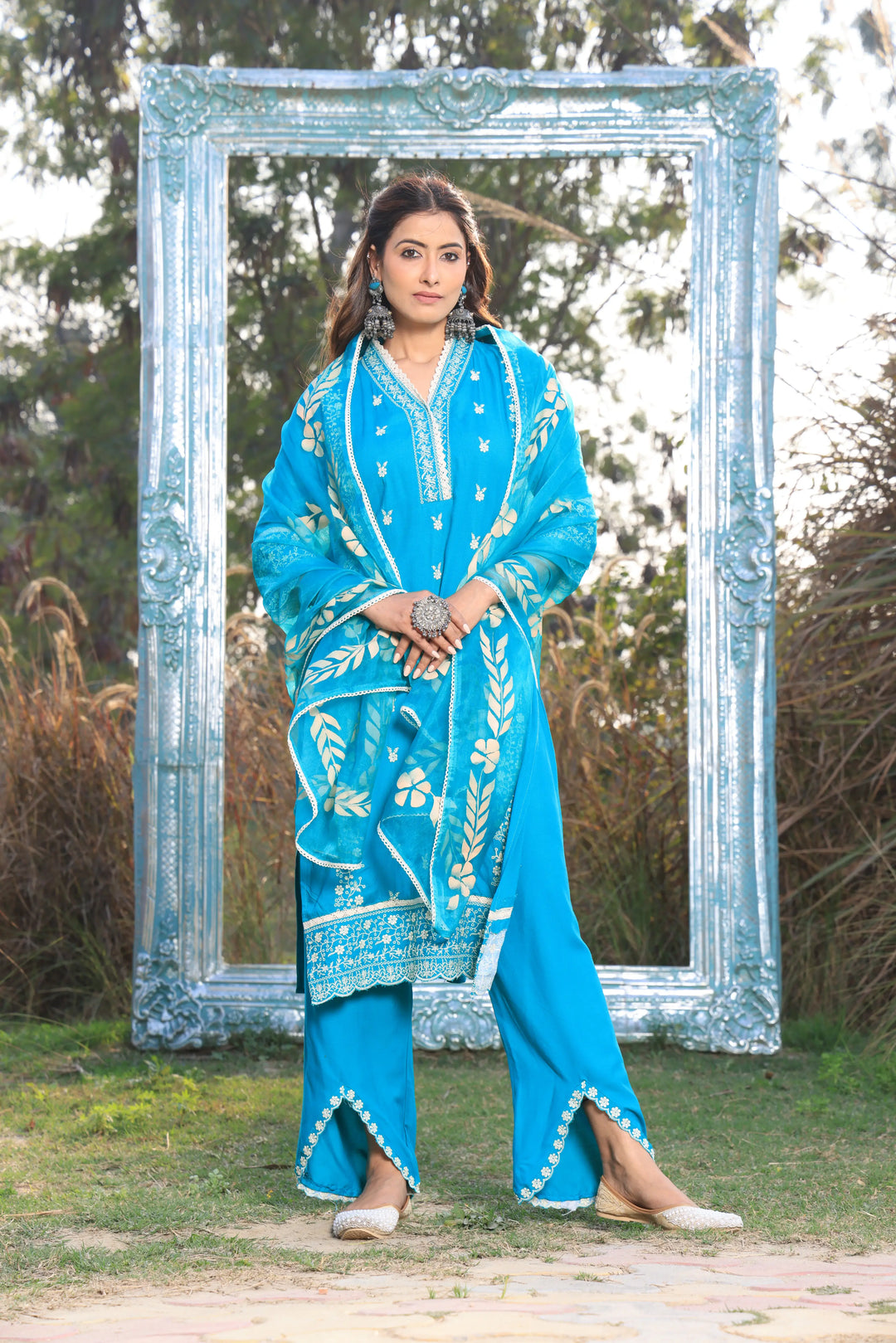 Sea Blue Pakistani Straight Embroidered suit with Trousers and Dupatta Set for Women