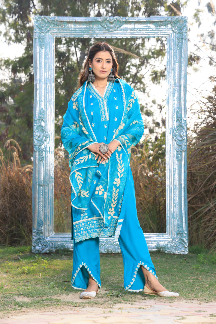 Sea Blue Pakistani Straight Embroidered suit with Trousers and Dupatta Set for Women