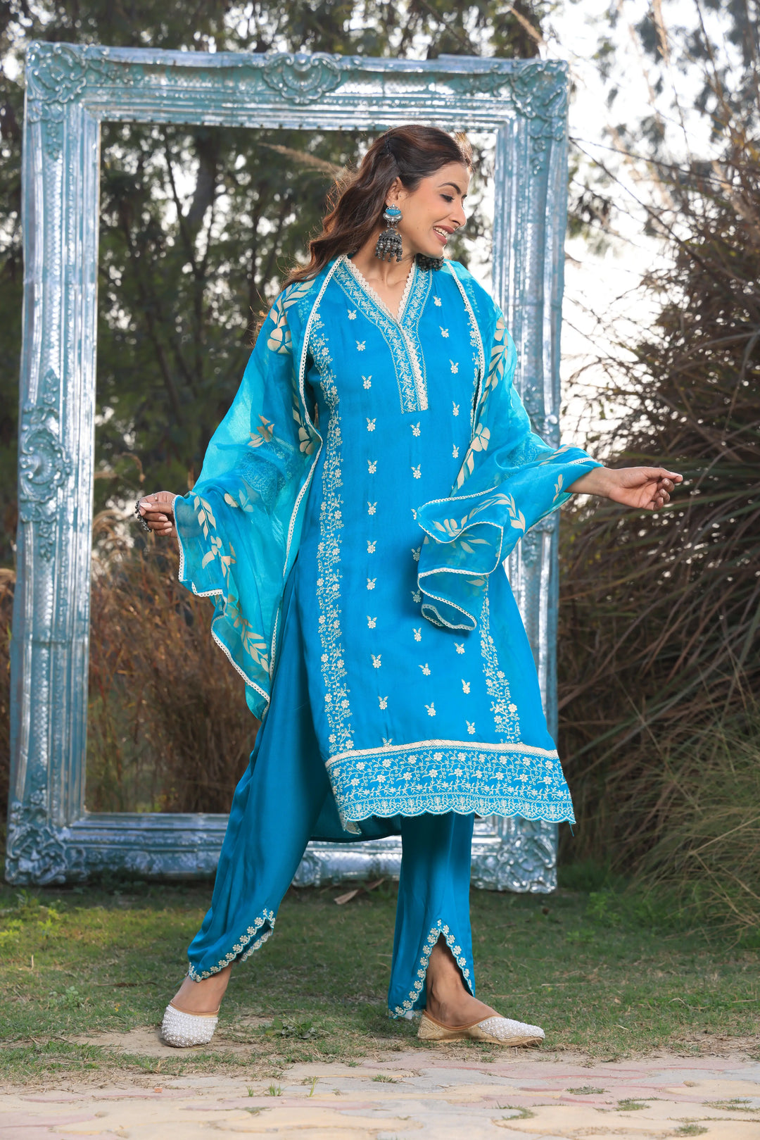 Sea Blue Pakistani Straight Embroidered suit with Trousers and Dupatta Set for Women