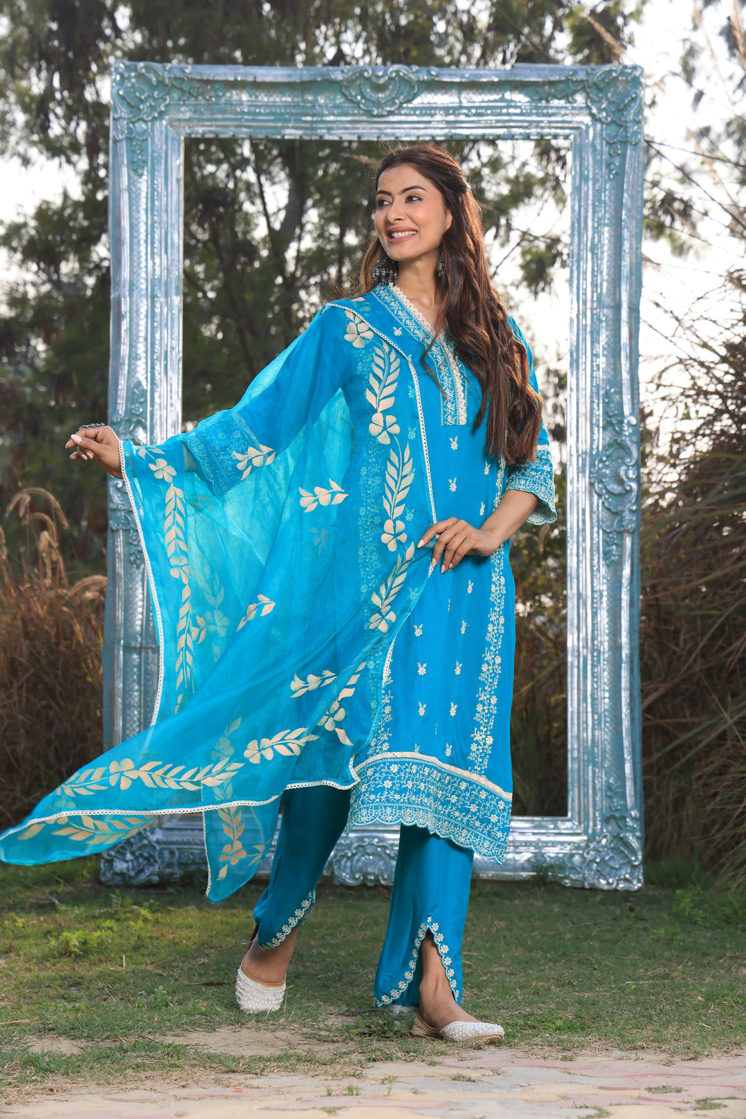 Sea Blue Pakistani Straight Embroidered suit with Trousers and Dupatta Set for Women