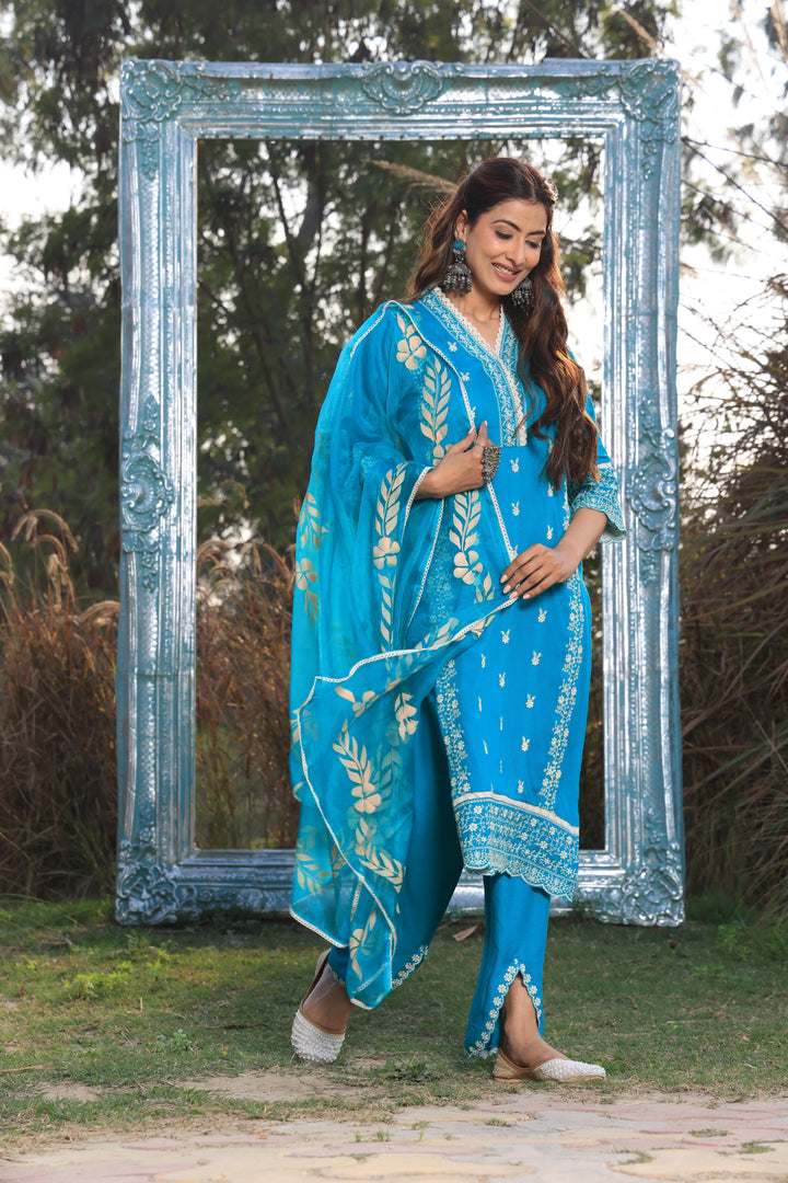 Sea Blue Pakistani Straight Embroidered suit with Trousers and Dupatta Set for Women