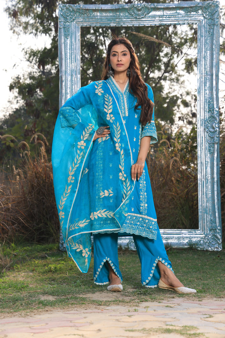 Sea Blue Pakistani Straight Embroidered suit with Trousers and Dupatta Set for Women