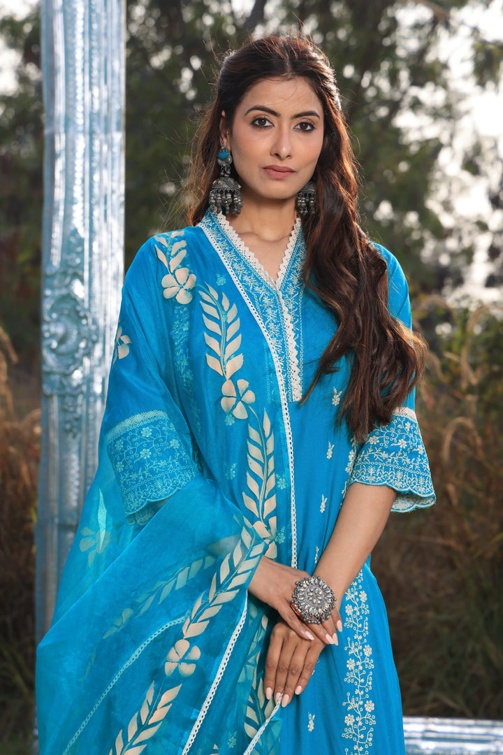 Sea Blue Pakistani Straight Embroidered suit with Trousers and Dupatta Set for Women