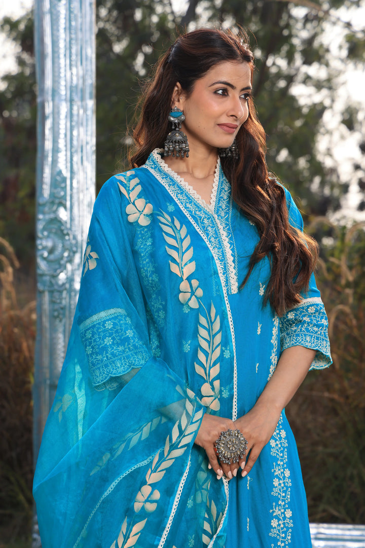 Sea Blue Pakistani Straight Embroidered suit with Trousers and Dupatta Set for Women