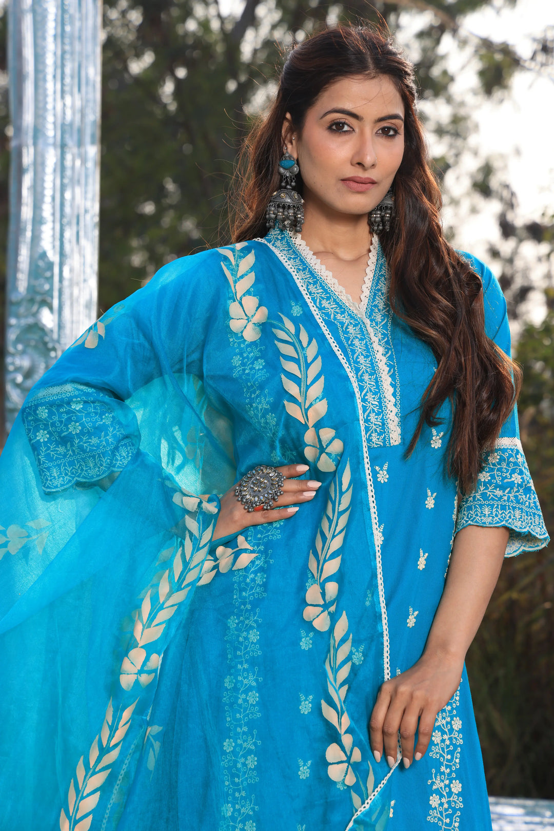 Sea Blue Pakistani Straight Embroidered suit with Trousers and Dupatta Set for Women