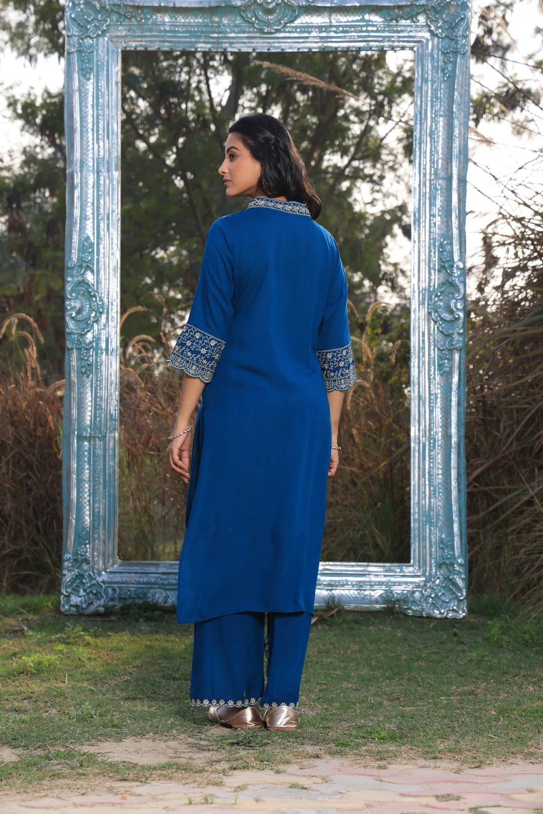 Blue Pakistani Straight Embroidered suit with Trousers and Dupatta Set for Women