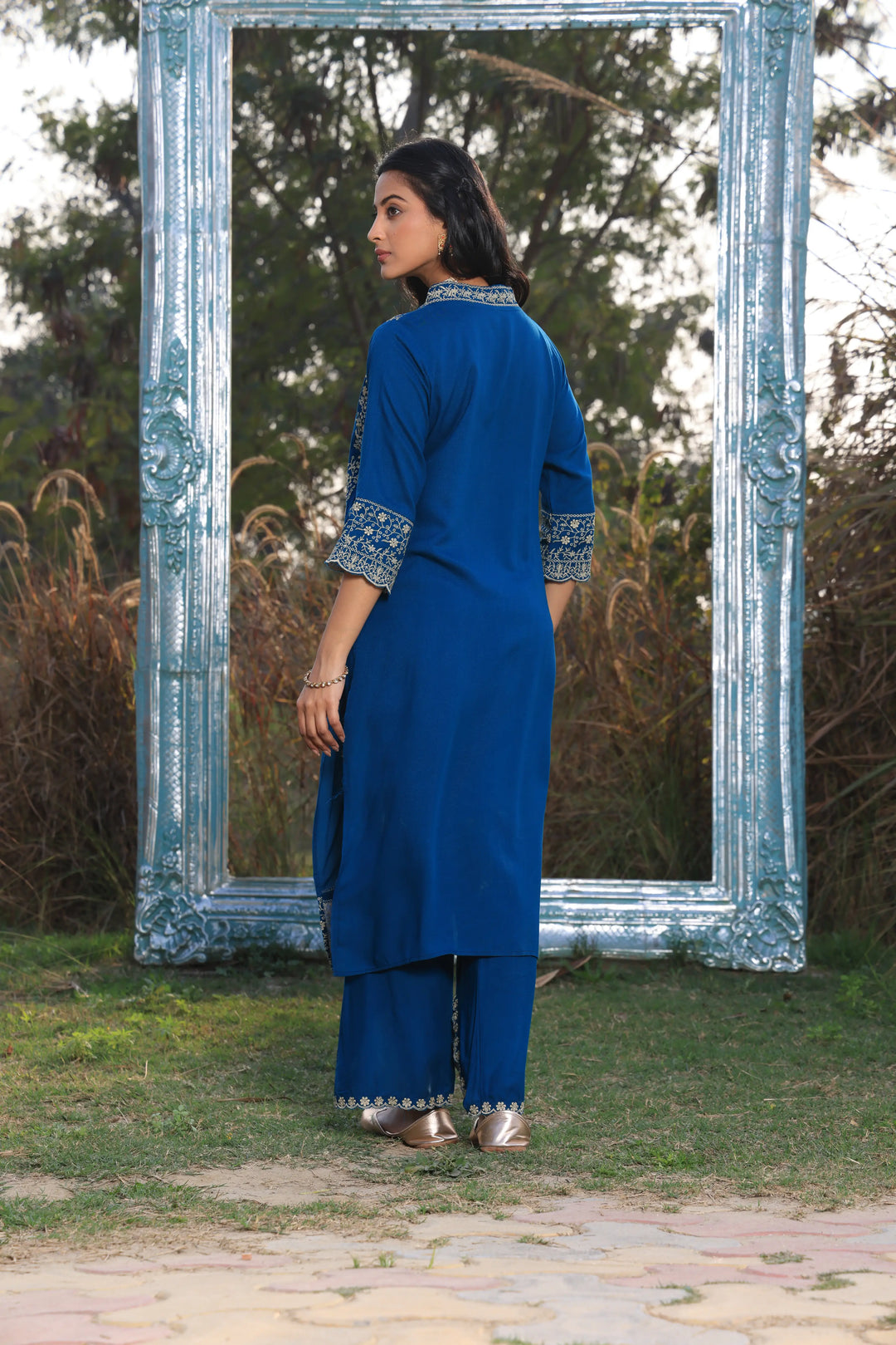 Blue Pakistani Straight Embroidered suit with Trousers and Dupatta Set for Women