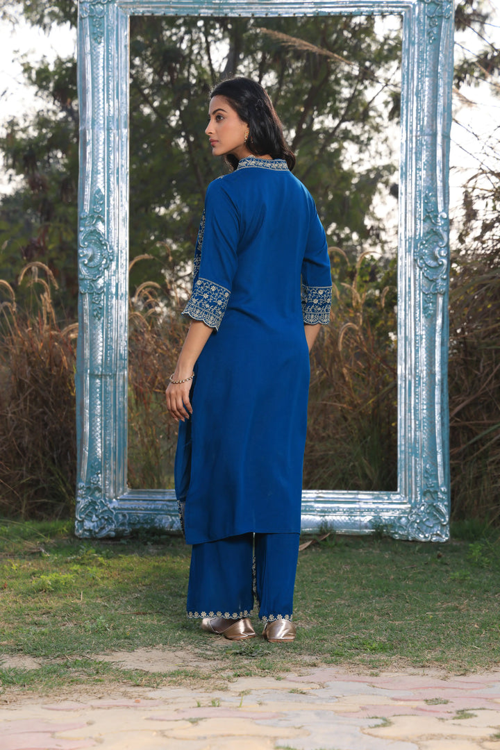 Blue Pakistani Straight Embroidered suit with Trousers and Dupatta Set for Women