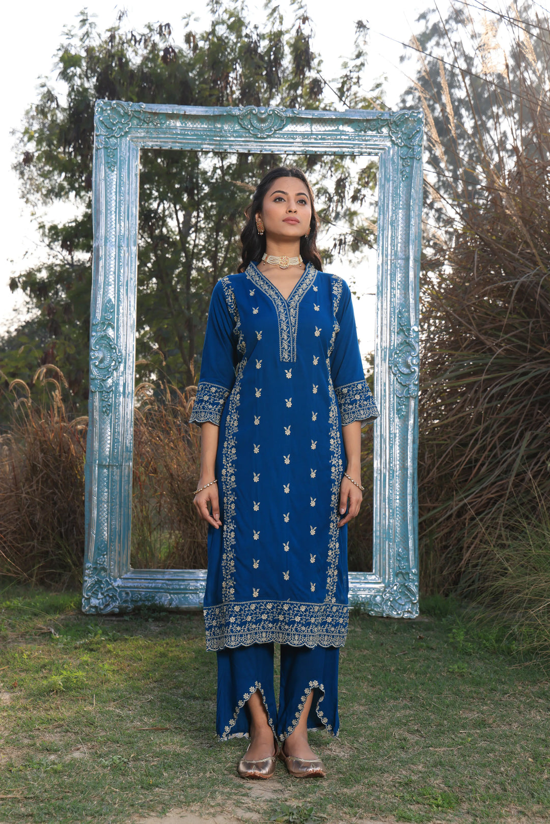 Blue Pakistani Straight Embroidered suit with Trousers and Dupatta Set for Women