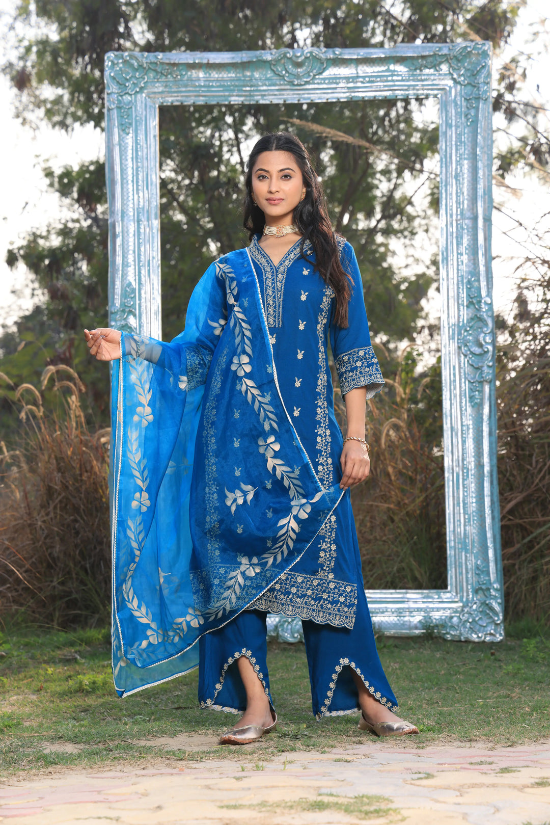 Blue Pakistani Straight Embroidered suit with Trousers and Dupatta Set for Women