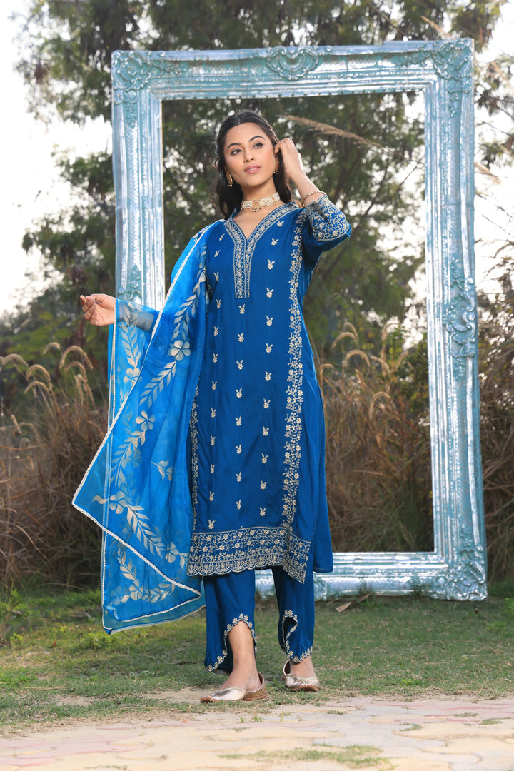 Blue Pakistani Straight Embroidered suit with Trousers and Dupatta Set for Women