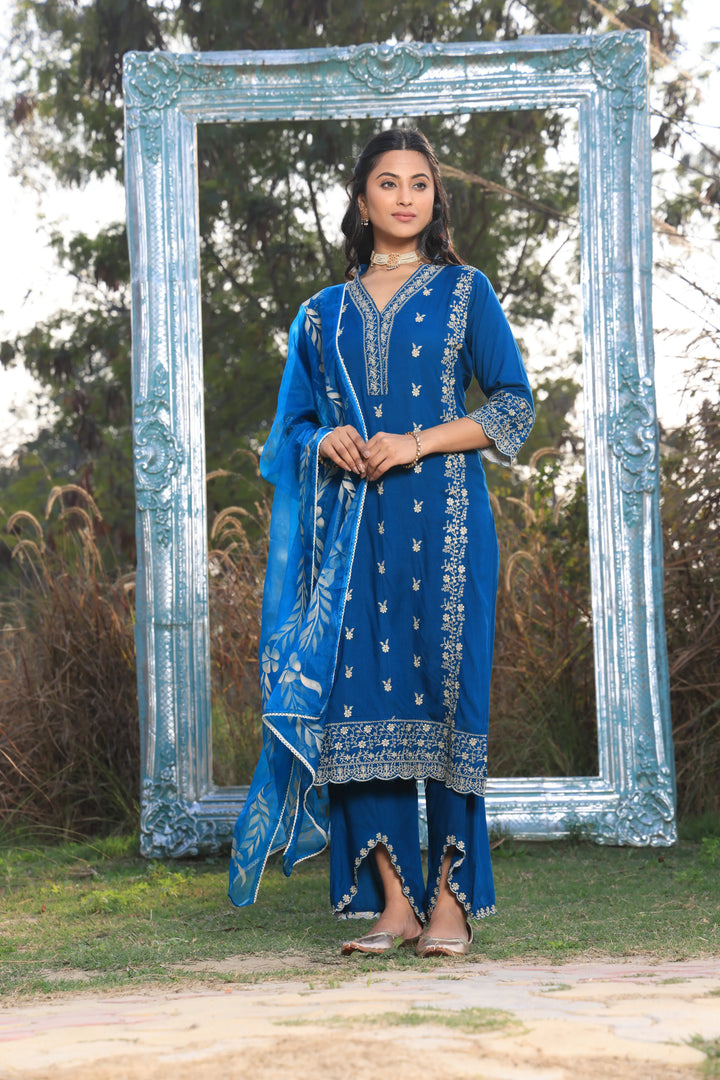 Blue Pakistani Straight Embroidered suit with Trousers and Dupatta Set for Women