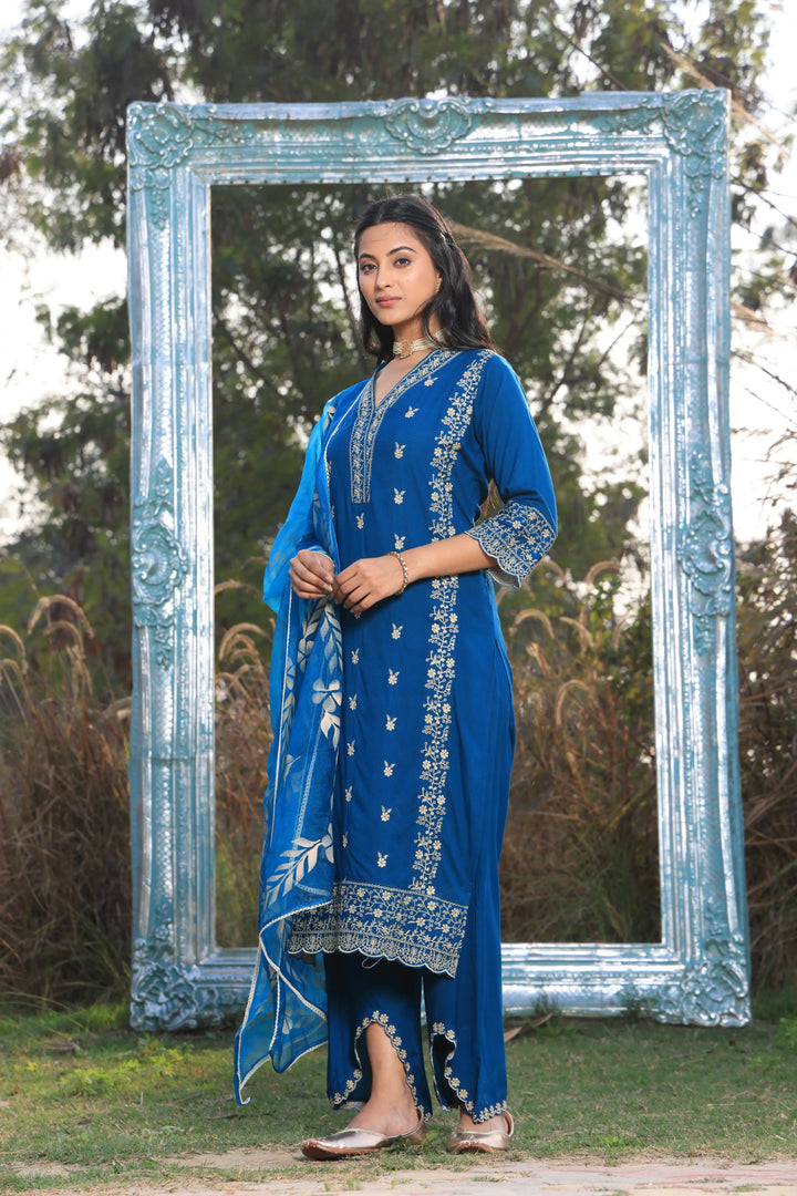 Blue Pakistani Straight Embroidered suit with Trousers and Dupatta Set for Women