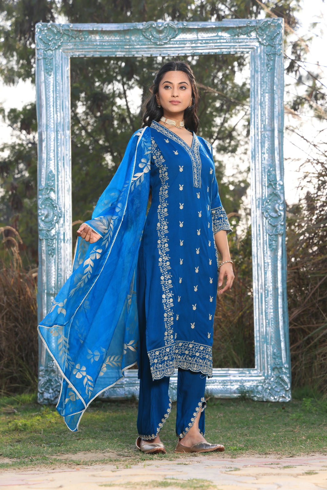 Blue Pakistani Straight Embroidered suit with Trousers and Dupatta Set for Women