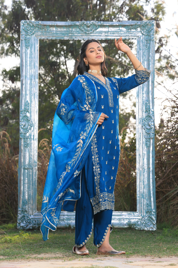 Blue Pakistani Straight Embroidered suit with Trousers and Dupatta Set for Women