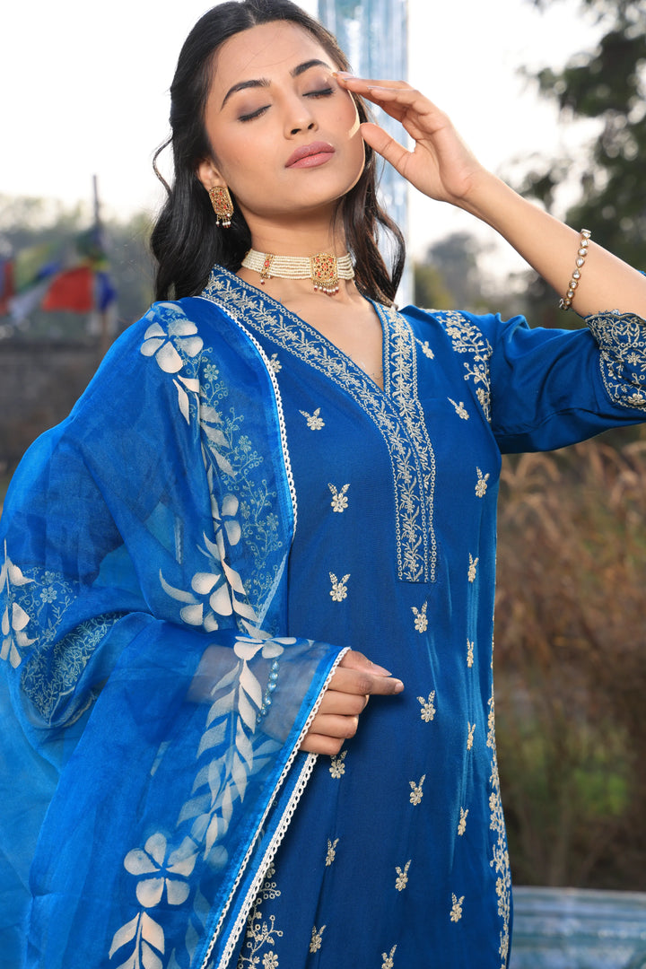 Blue Pakistani Straight Embroidered suit with Trousers and Dupatta Set for Women