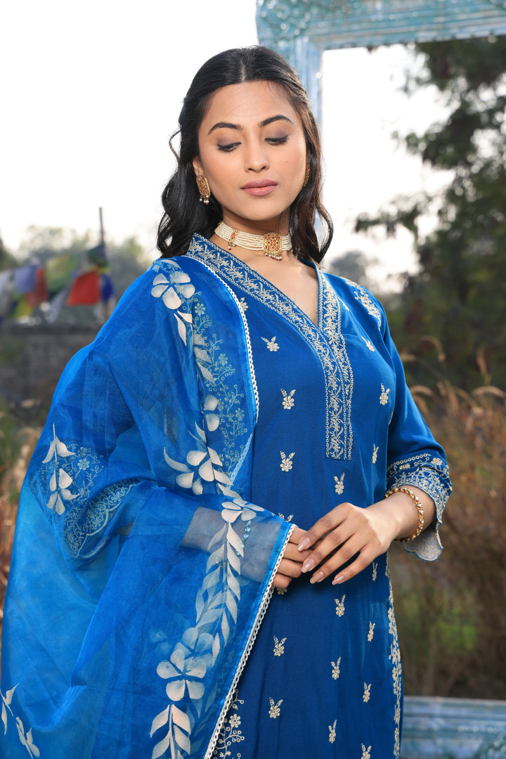 Blue Pakistani Straight Embroidered suit with Trousers and Dupatta Set for Women