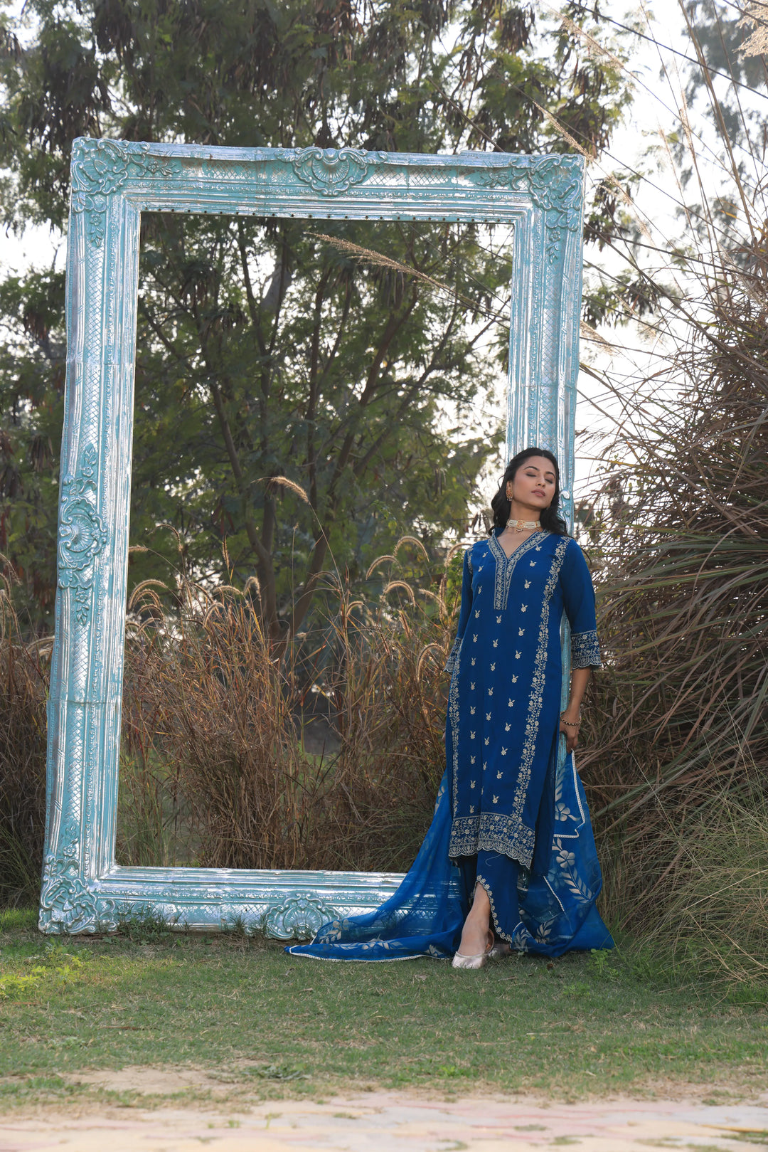 Blue Pakistani Straight Embroidered suit with Trousers and Dupatta Set for Women