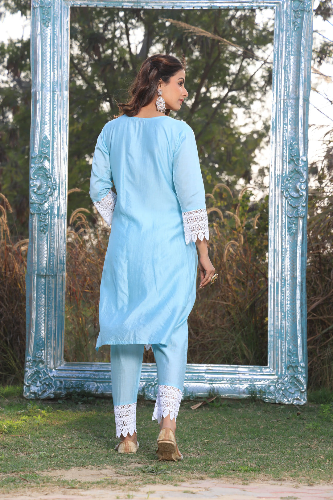 Sky Blue Ethnic Motifs Embroidered Straight Pure Cotton Kurta With Pant & Dupatta set