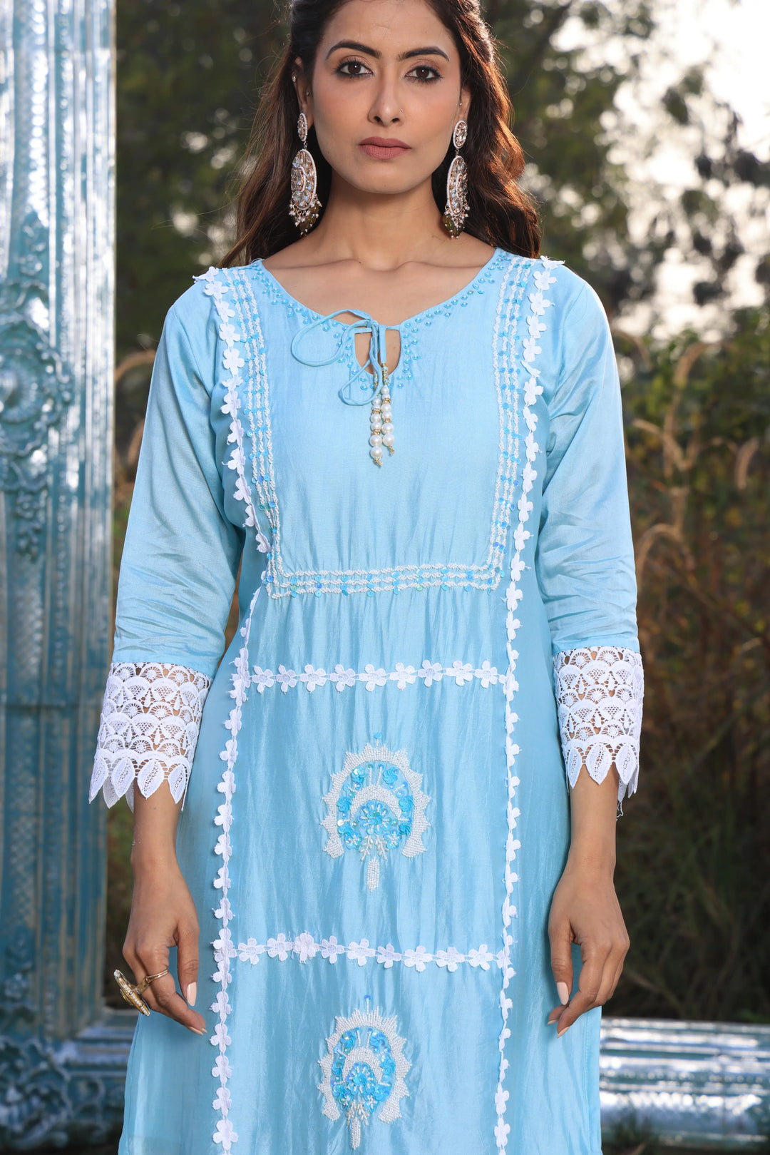 Sky Blue Ethnic Motifs Embroidered Straight Pure Cotton Kurta With Pant & Dupatta set