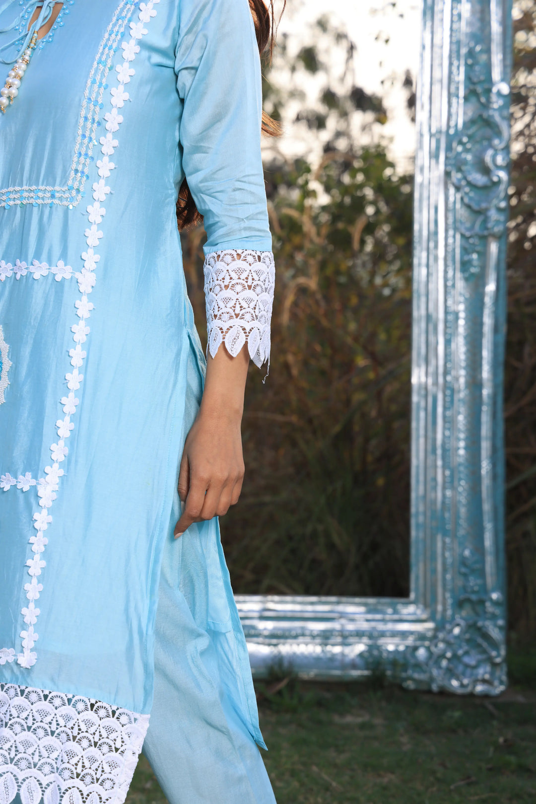 Sky Blue Ethnic Motifs Embroidered Straight Pure Cotton Kurta With Pant & Dupatta set