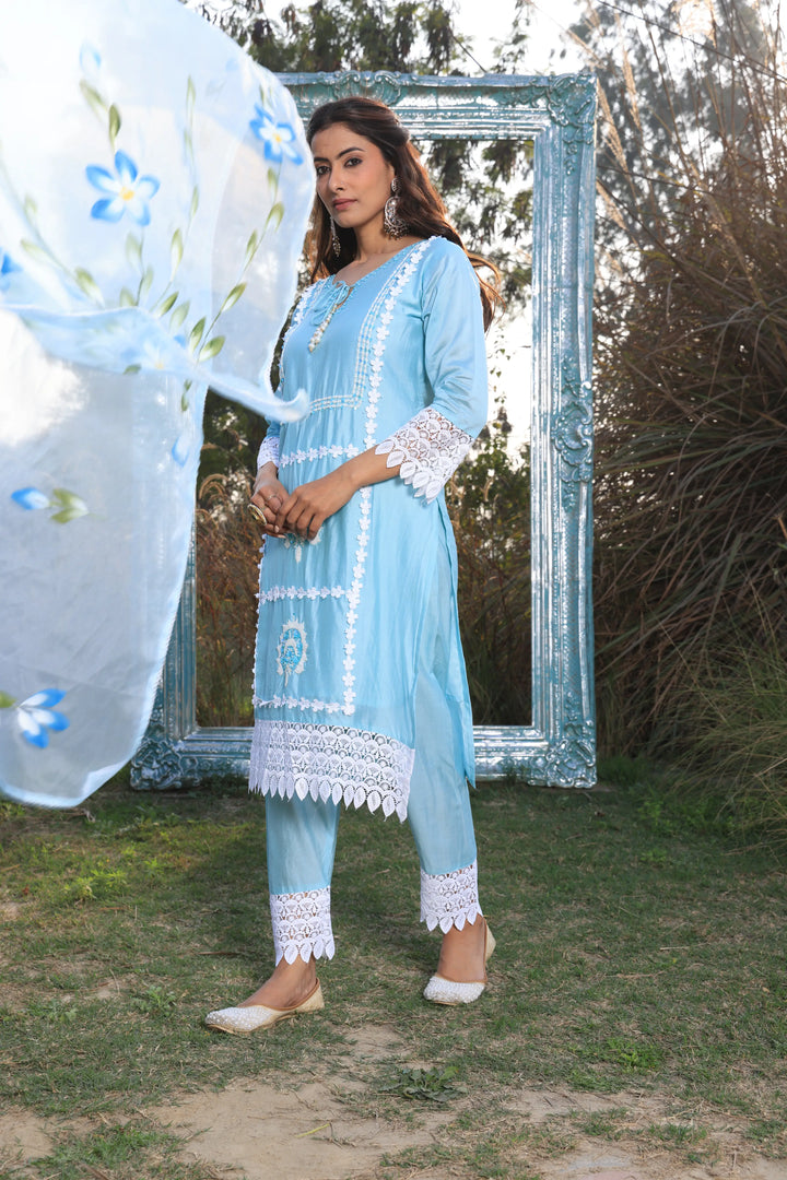 Sky Blue Ethnic Motifs Embroidered Straight Pure Cotton Kurta With Pant & Dupatta set