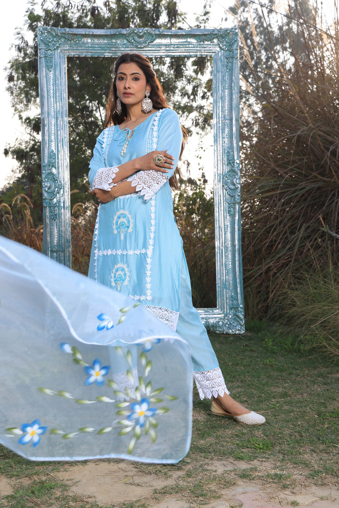 Sky Blue Ethnic Motifs Embroidered Straight Pure Cotton Kurta With Pant & Dupatta set