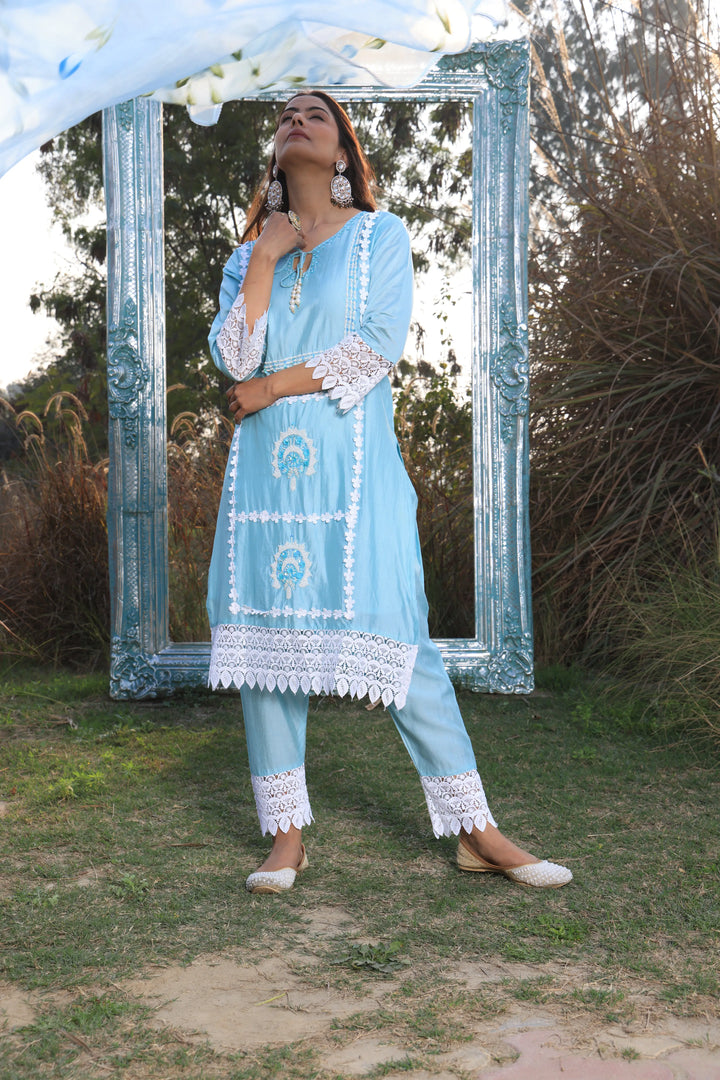 Sky Blue Ethnic Motifs Embroidered Straight Pure Cotton Kurta With Pant & Dupatta set