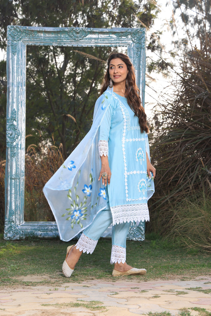 Sky Blue Ethnic Motifs Embroidered Straight Pure Cotton Kurta With Pant & Dupatta set