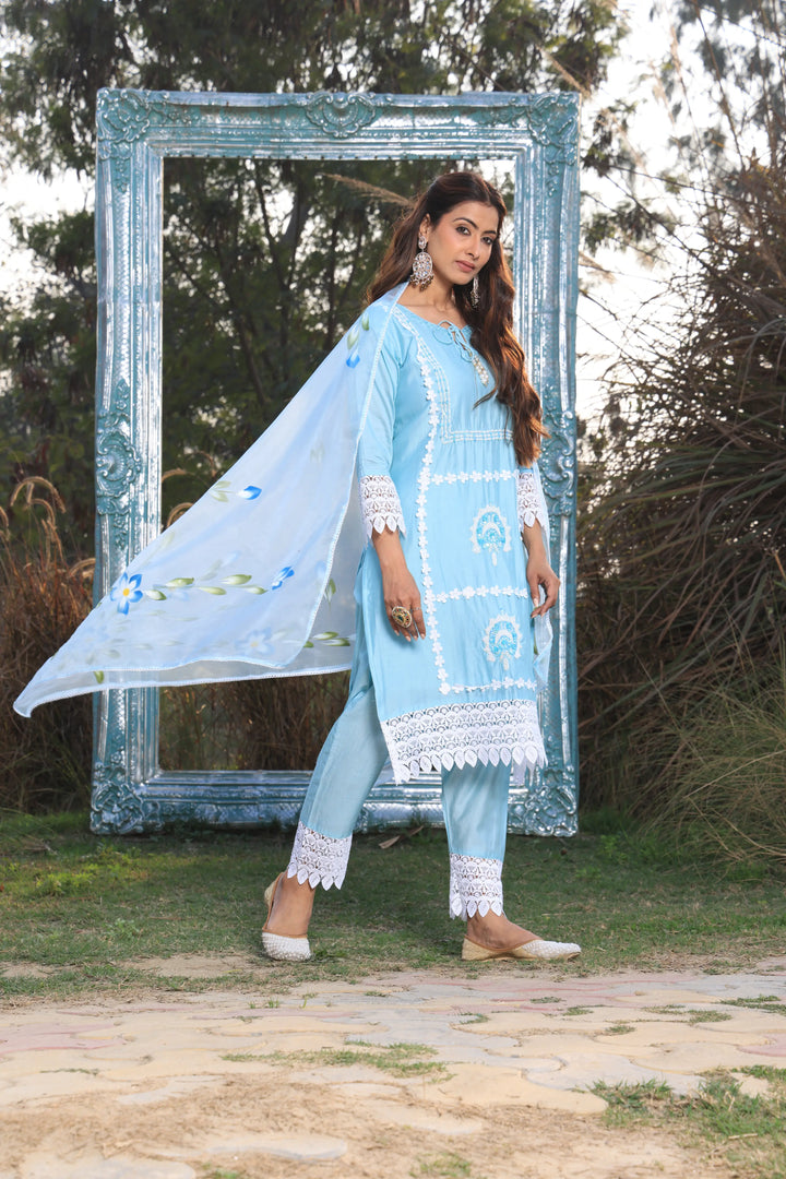 Sky Blue Ethnic Motifs Embroidered Straight Pure Cotton Kurta With Pant & Dupatta set