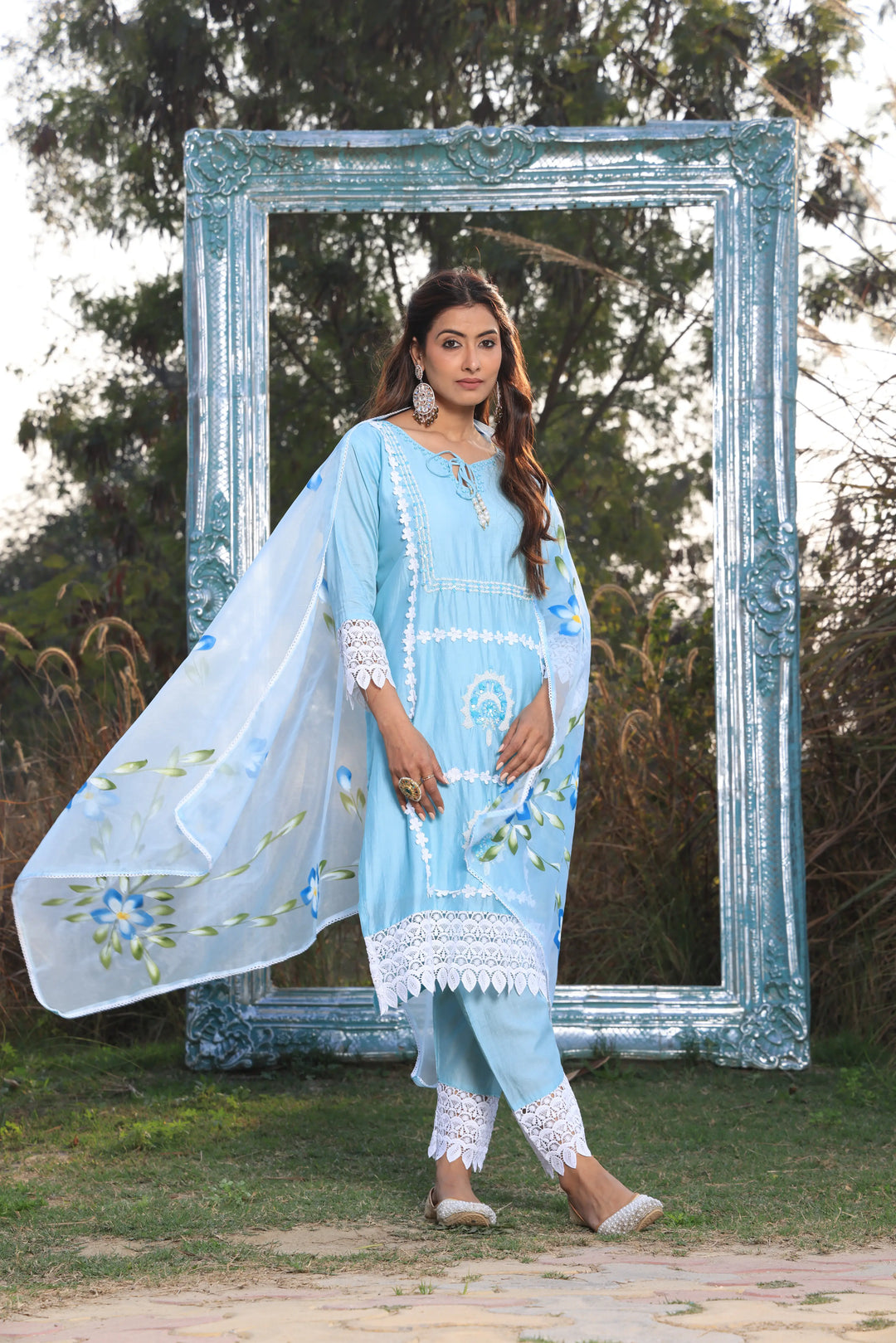 Sky Blue Ethnic Motifs Embroidered Straight Pure Cotton Kurta With Pant & Dupatta set