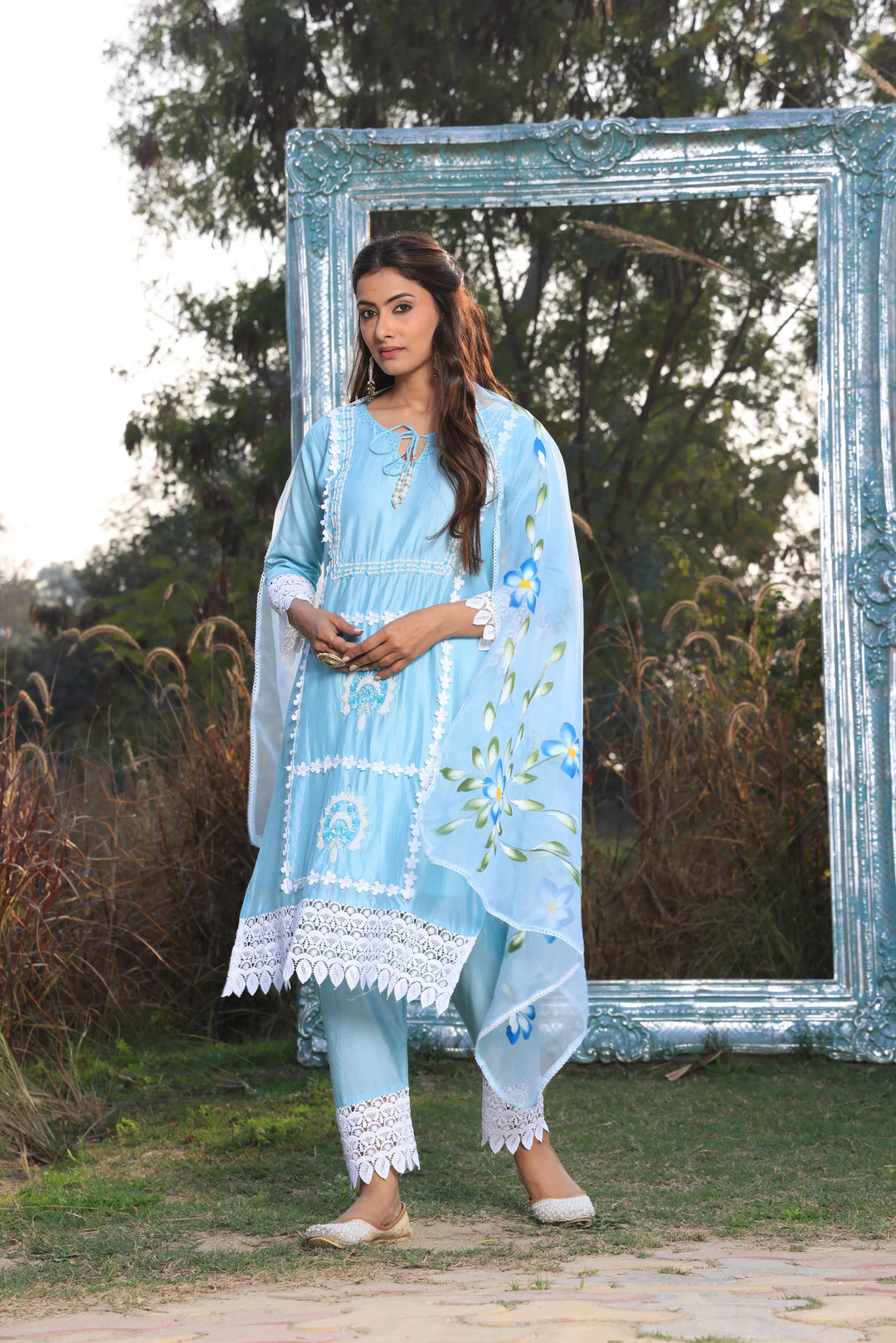 Sky Blue Ethnic Motifs Embroidered Straight Pure Cotton Kurta With Pant & Dupatta set