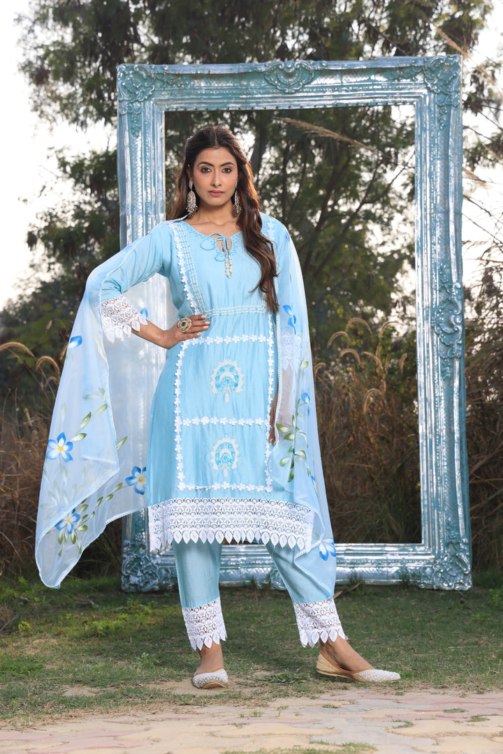 Sky Blue Ethnic Motifs Embroidered Straight Pure Cotton Kurta With Pant & Dupatta set