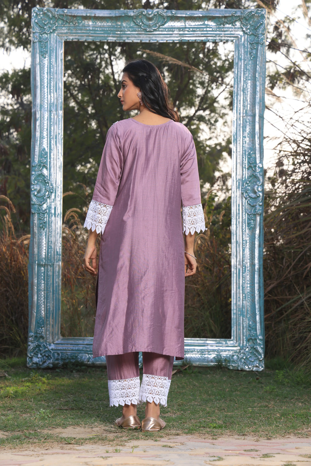 Lavender Ethnic Motifs Embroidered Straight Pure Cotton Kurta With Pant & Dupatta set