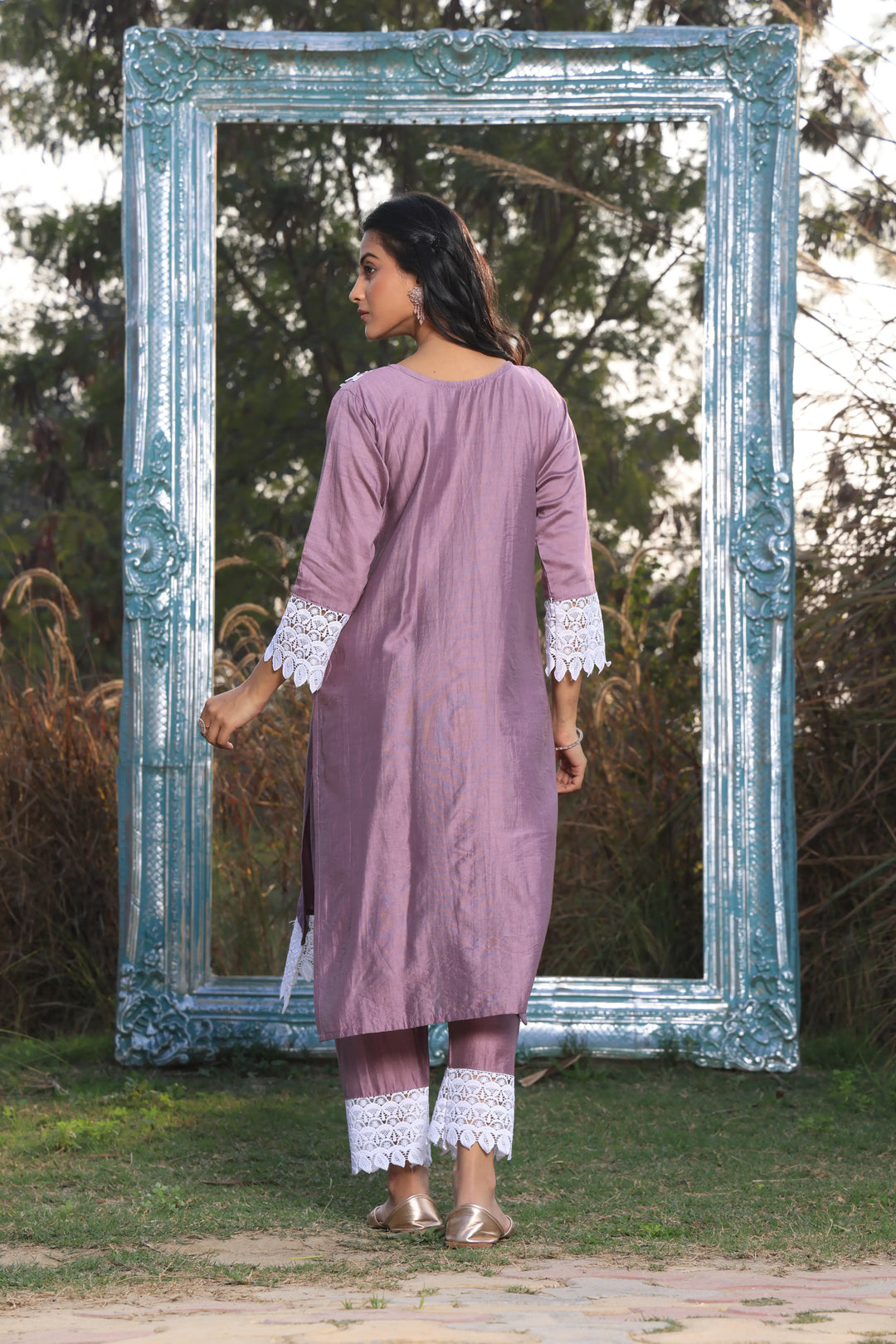 Lavender Ethnic Motifs Embroidered Straight Pure Cotton Kurta With Pant & Dupatta set