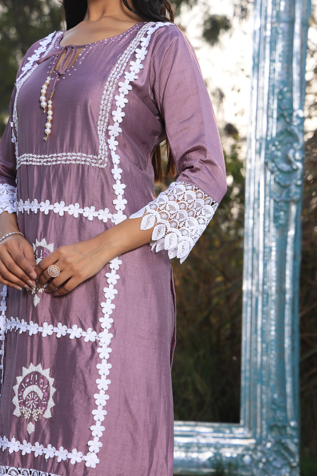 Lavender Ethnic Motifs Embroidered Straight Pure Cotton Kurta With Pant & Dupatta set