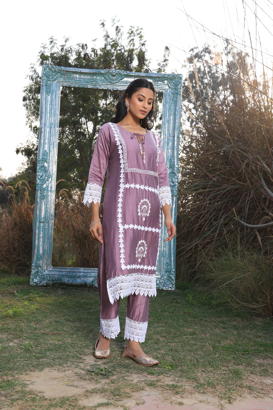 Lavender Ethnic Motifs Embroidered Straight Pure Cotton Kurta With Pant & Dupatta set